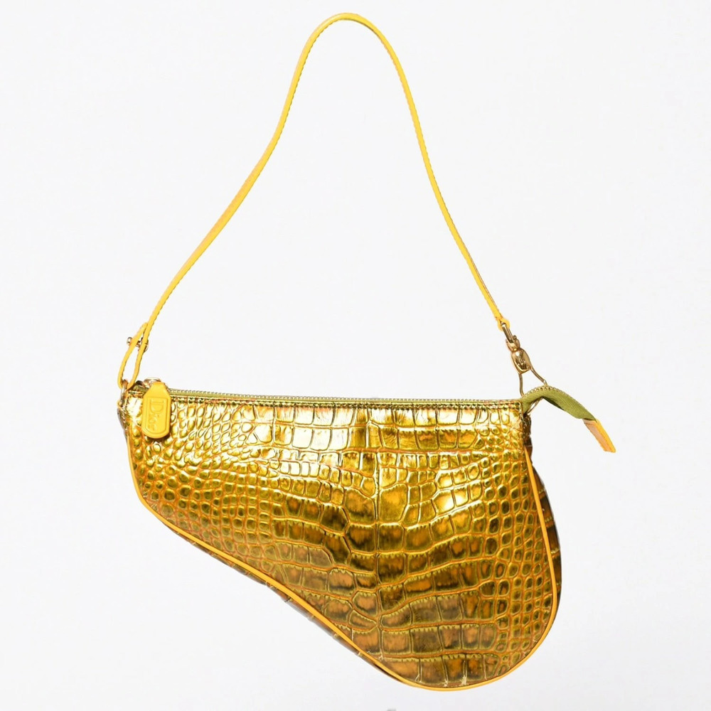 Christian Dior Saddle Pouch Accessory Crocodile Leather Gold